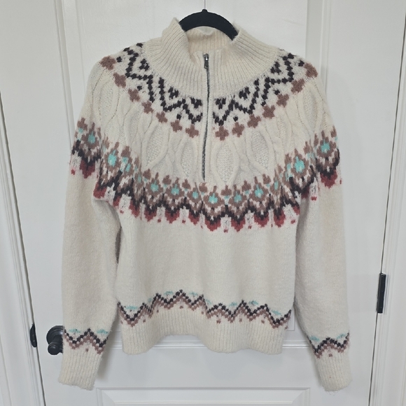 RD Style Sweaters - RD Style Cream Turtleneck Sweater with Brown and Teal Accents